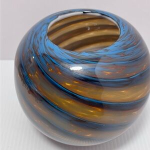 Murano‎ Style Mottled Blue & Yellow/Brown Swirled Blown Vase